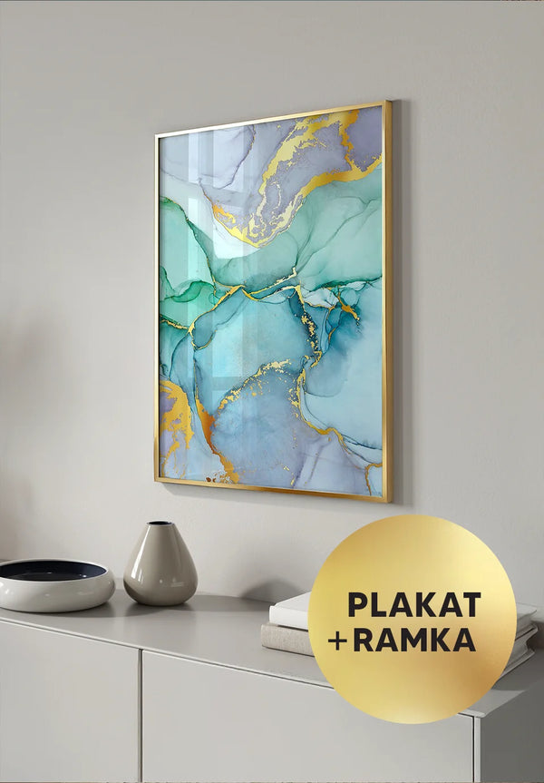 Plakat Błękitne Akwarele Złoty + Złota Ramka 50x70cm